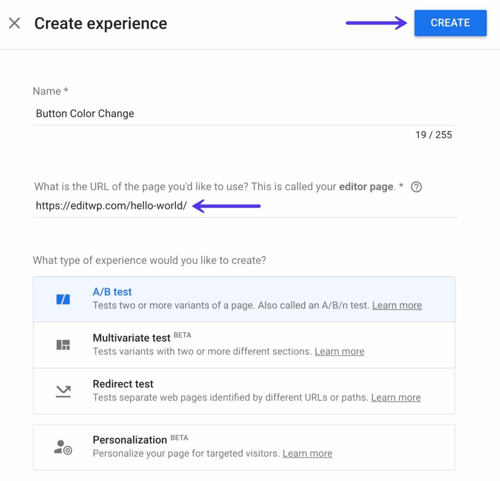 Choisissez l'A/B Testing comme premier test sur Google Optimize dans WordPress